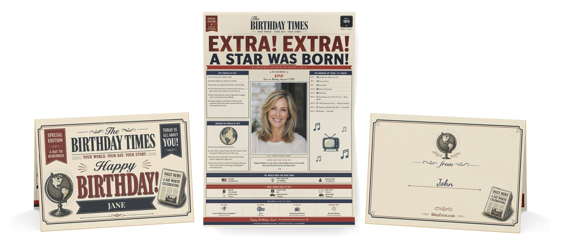 The printed greeting card: the front cover with the recipient's name, the personalized birthday newspaper that fills the inside, and the back with the sender's signature.